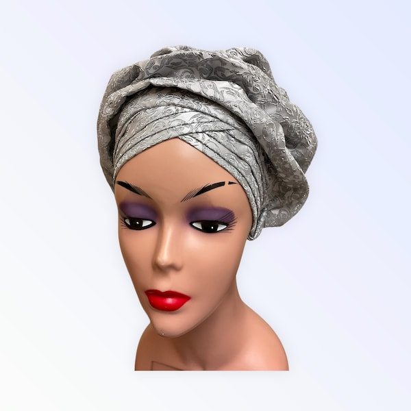 Silver Auto Gele Ready to Wear, Damask Head tie, Women Pre-tied Turban, Africa Party Head Wrap, Auto Gele For Traditional Wedding,