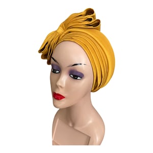 Gold African Autogele Head tie, Nigeria Gele Hat, Pre tied Turban Hat for Ladies, Multiple Bow Head wrap, Ready to wear Headscarf