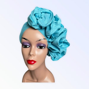 Auto Gele Ready to Wear, Blue Dupion Raw Silk Ruffles Style Head Tie, Nigeria Pre Styled Head Wrap, Pre tied Turban for Wedding Party,