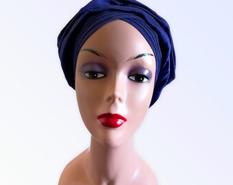 Blue  Raw Silk Auto Gele, Africa Pre tied Head Wrap for women, Africa wedding party head tie, Ready to Wear Auto Gele For Wedding Party