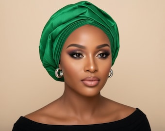Green Auto Gele: Pre-tied Dupion Silk Head Wrap - Nigerian Style