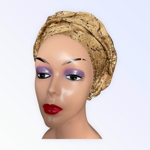 Gold Auto Gele Ready to Wear, Damask Head Tie, Women Pre-tied Turban, Nigeria Party Head Wrap, Wedding Party Church Gala Occasions Headwear