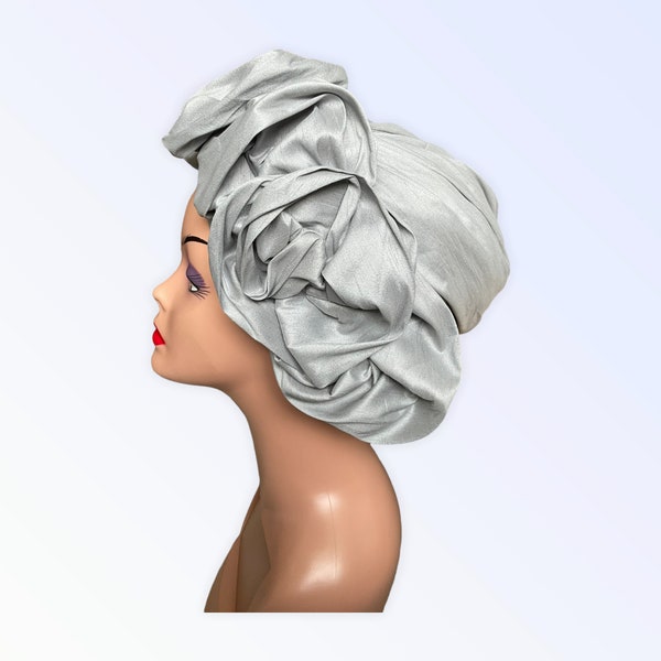 Auto Gele Ready to Wear, Pre tied Turban Hat, Silver Raw Silk Ruffles Style Head Tie, Nigeria Pre Styled Head Wrap, Gele For Wedding Party,