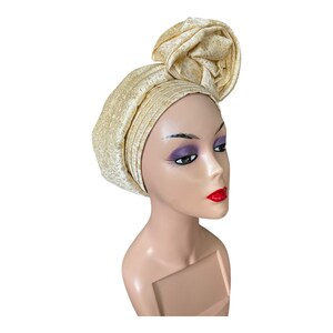 Gold Auto Gele Ready to Wear, Damask Pre-tied Head wrap ,African Nigerian Pre Styled Party Gele Hat, Weddings Birthday Anniversary Turban.