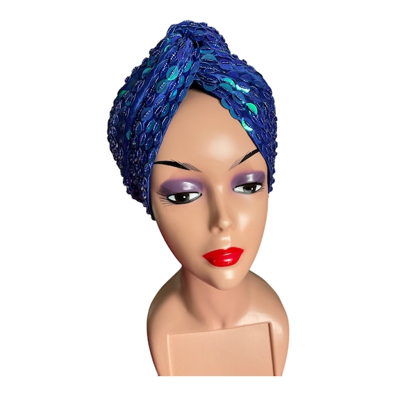 Handmade Sequin Turban Headwrap: Elegant African Head Tie- Navy Blue Urieo African Sequin Head Wrap Braid Turban Hat Elastic  main image 4