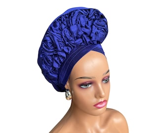 Blue Raw Silk Auto Gele: Ready to Wear Nigerian Head Wrap