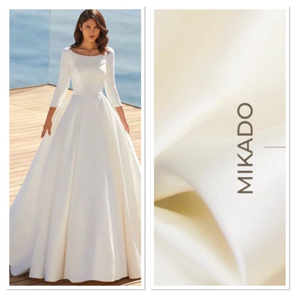 White Mikado Satin Fabric, Luxurious Bridal Dress Fabric, Wedding and Special Occasion Gown Fabric. Sold by meter Fabric