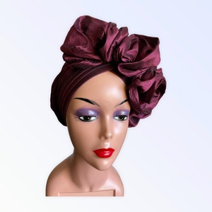 Auto Gele Ready to Wear, Wine Dupion Raw Silk Ruffles Style Head Tie, Nigerian Pre Styled Party Head Wrap, Auto Gele For Wedding Party,