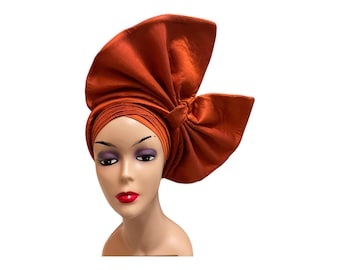 Gala Turban Hat Autogele for Wedding Birthday and Special Occasions. Burnt Orange Ready to wear African Head wrap. Pre tied  Gele Hat