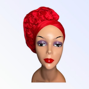 Red Pre-tied African Auto Gele Headwrap, Pretied Ready to Wear Raw Silk Turban Hat, Nigeria Pre tied Turban, African Wedding Party Headscarf