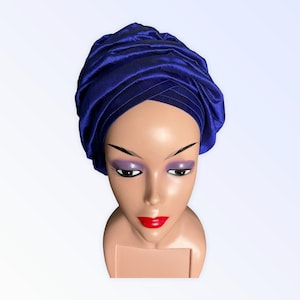 Auto Gele Ready to Wear, Blue Dupion Raw Silk Ruffles Style Head Tie, Nigerian Pre Styled Party Head Wrap, Auto Gele For Wedding Party,