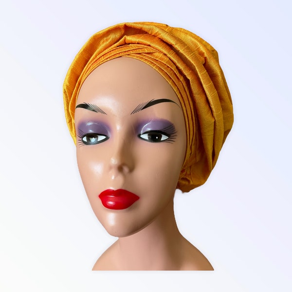 Auto Gele Ready to Wear, Gold Dupion Raw Silk Ruffles Style Head Tie, Nigerian Pre Styled Party Head Wrap, Auto Gele For Wedding Party,