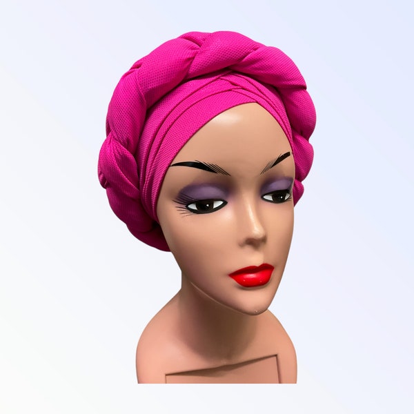 PRE-TIED HEADWRAP | Braided Turban Hat | African Style  Headscarf | Ready to Wear Head wrap | Pink  Fashion Turban Cap