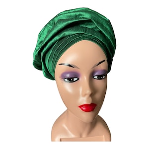 Enveloppement de tête Gele vert, chapeau turban pour femmes, enveloppement de tête de fête pré-attaché, Auto Gele pour fête de mariage,