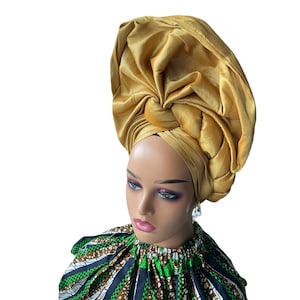 Gold Autogele for women, African Women Party Head tie , Nigerian  head wrap, Pre tied Gele for Wedding Guest, Igbo brides, Asoebi Headgear.