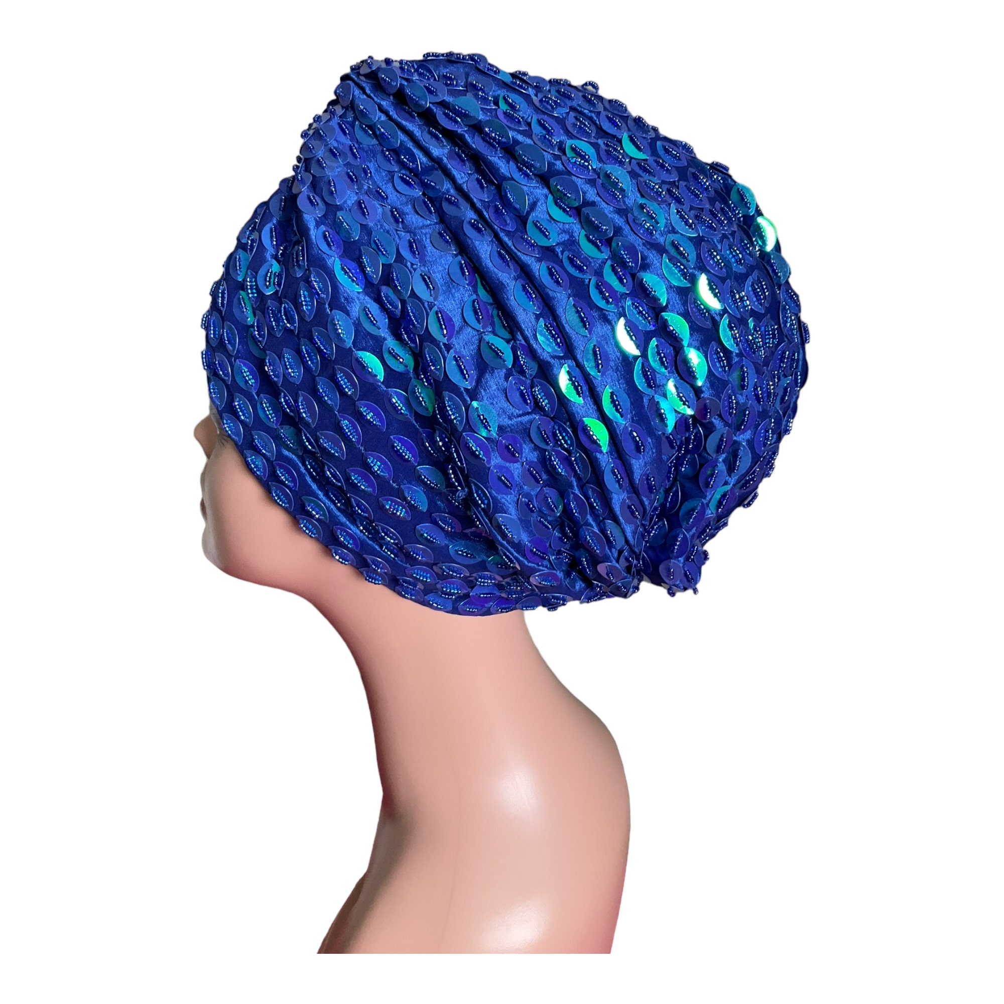 Royal Blue Sequin Turban Hat: Hand Beaded Head Wrap - Etsy display picture 2