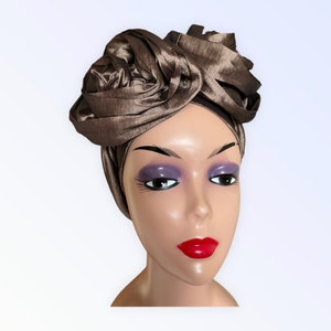 Pre tied Double Bow Turban For Woman | Stylish Pre Styled Head Wrap | Bronze Headscarf | Rose Style  Head tie | Ready to wear Turban Cap.