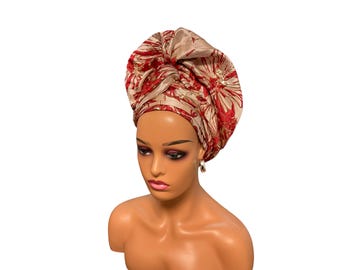 Wine & Gold Damask Turban: Pre-tied Autogele Head Wrap