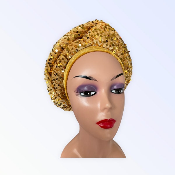 Gold Sequin Turban Head wrap | Pre tied Headscarf for Ladies | Gift for Her |