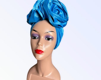 Turban double nœud pré-noué pour femme | Enveloppe de tête pré-stylisée élégante | Foulard Prêt-à-Porter Bleu Turquoise | Chapeau turban fantaisie |