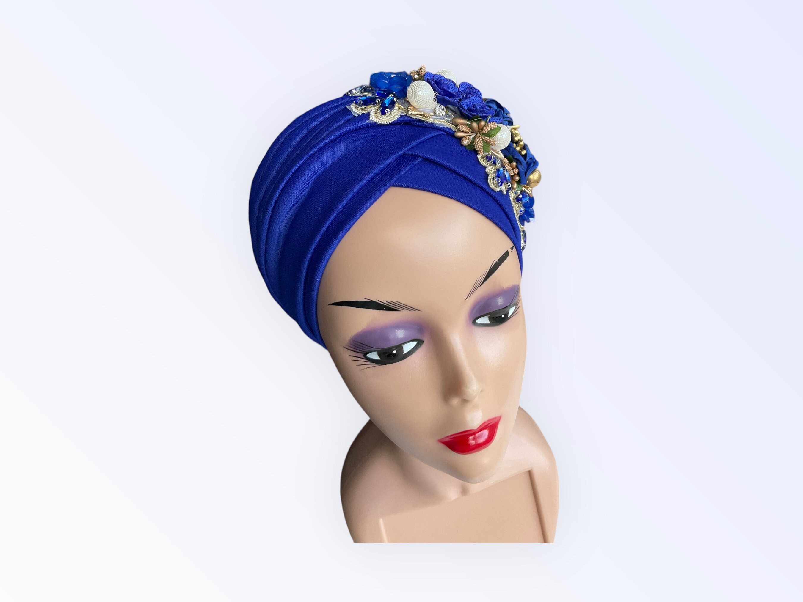 Royal Blue Turban Hat for Women | Embellished Head Wrap for  display picture 1