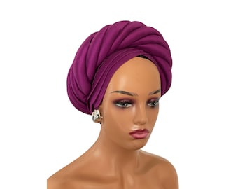 Pre tied Turban Hat for Ladies, Purple Ready to wear Headscarf, African Nigeria Autogele for special occasion