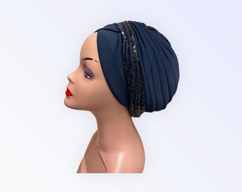 Blue Sequin Turban Hat: Pre-Styled Women's Head Wrap
