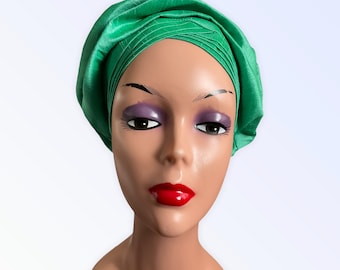 Green Auto Gele, Dupion Raw Silk Auto Gele, Nigerian Pre Styled Party Head Wrap, Auto Gele For Wedding Party, Side Ruffles Gala Turban Hat