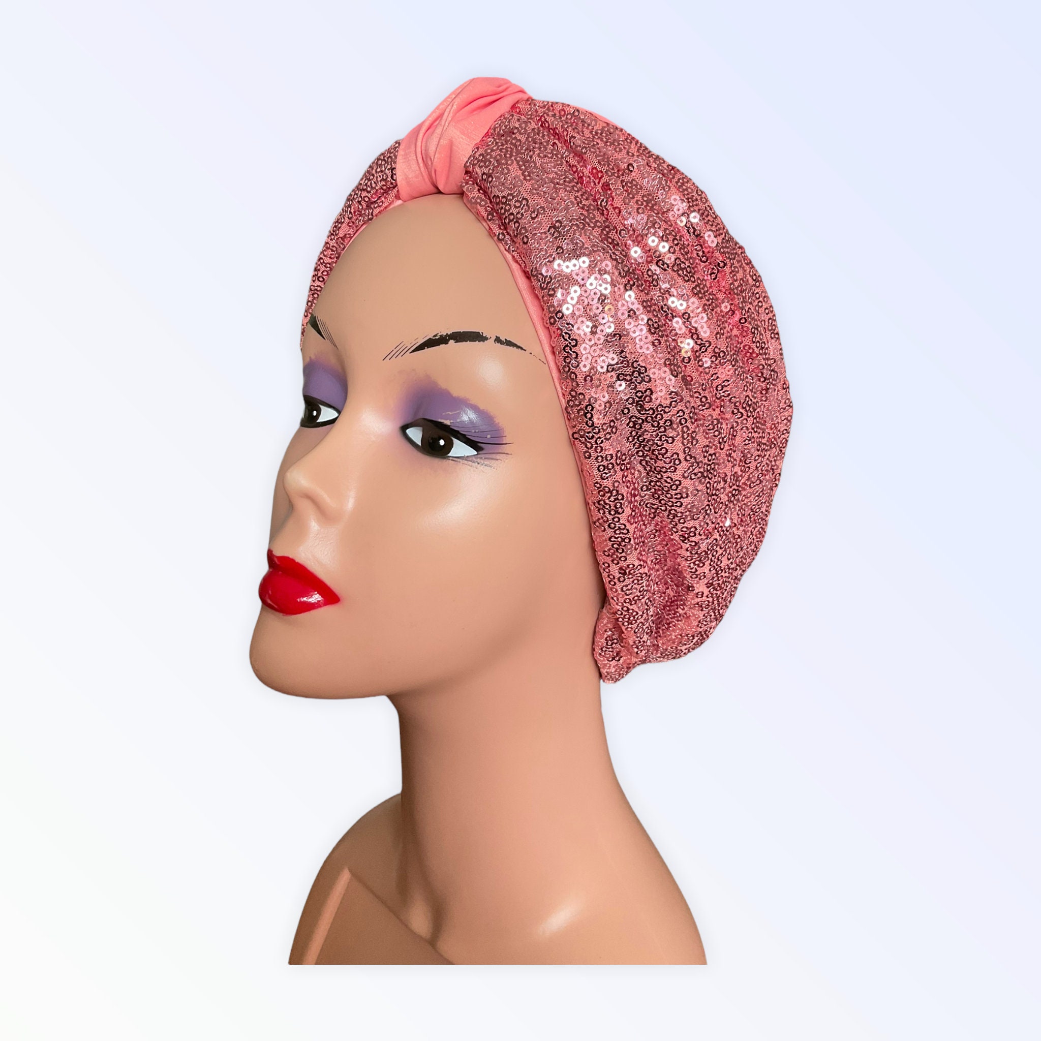 Sequin Fashion Turban Hat in Peach | Raw Silk Sequin Turban 