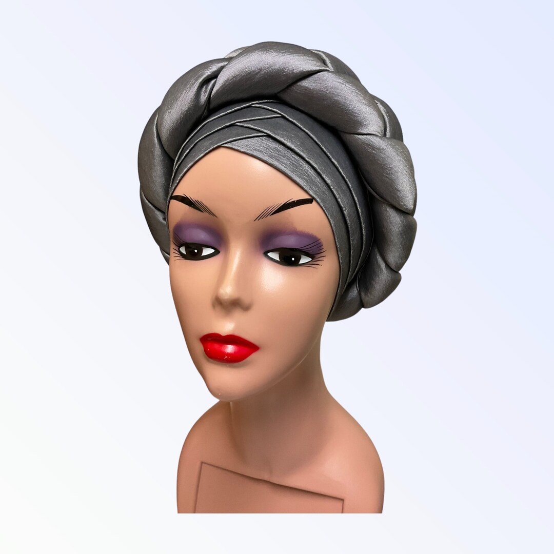 Women's Pre-Tied African Turban Head Wrap - Stretch Braid Headband In Grey & Burgundy - View #11