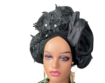 Black Autogele for Wedding Birthday and Special Occasions. Women Ready to wear African Head-tie. Pre tied Turban Hat. Church Party Gele.