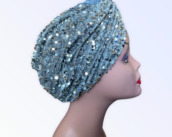 Sequin Fashion Turban in Grey | Pre styled  Women’s Gray Turban Headwrap