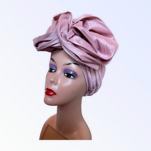Turban prénoué à double nœud pour femme | Bandage pour la tête rose poudré | Gel auto-adhésif en soie brute | Prêt-à-porter Cravate | Cravate de mariage du Nigeria