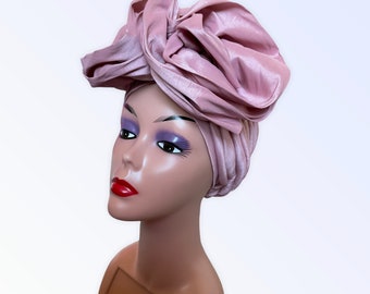 Turban prénoué à double nœud pour femme | Bandage pour la tête rose poudré | Gel auto-adhésif en soie brute | Prêt-à-porter Cravate | Cravate de mariage du Nigeria