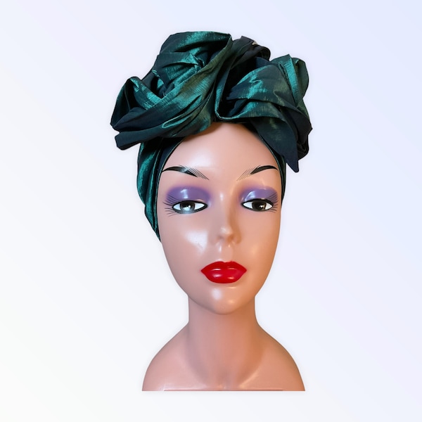 Turban For Woman | Green Head Wrap | Pre-tied Double  Headscarf | Bow Raw Silk Auto Gele | Ready to wear Head tie |  Nigeria Wedding Headtie