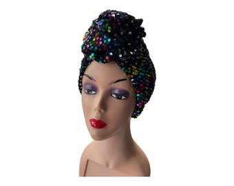 Sombrero turbante de terciopelo con secuencia para mujer, pañuelo multicolor listo para usar para ocasiones especiales.