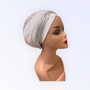 White Sequin Fashion Turban Hat | Pre styled  Women Head wrap | Sparkling Ready to wear Party Headwear | African Auto Turban Cap |