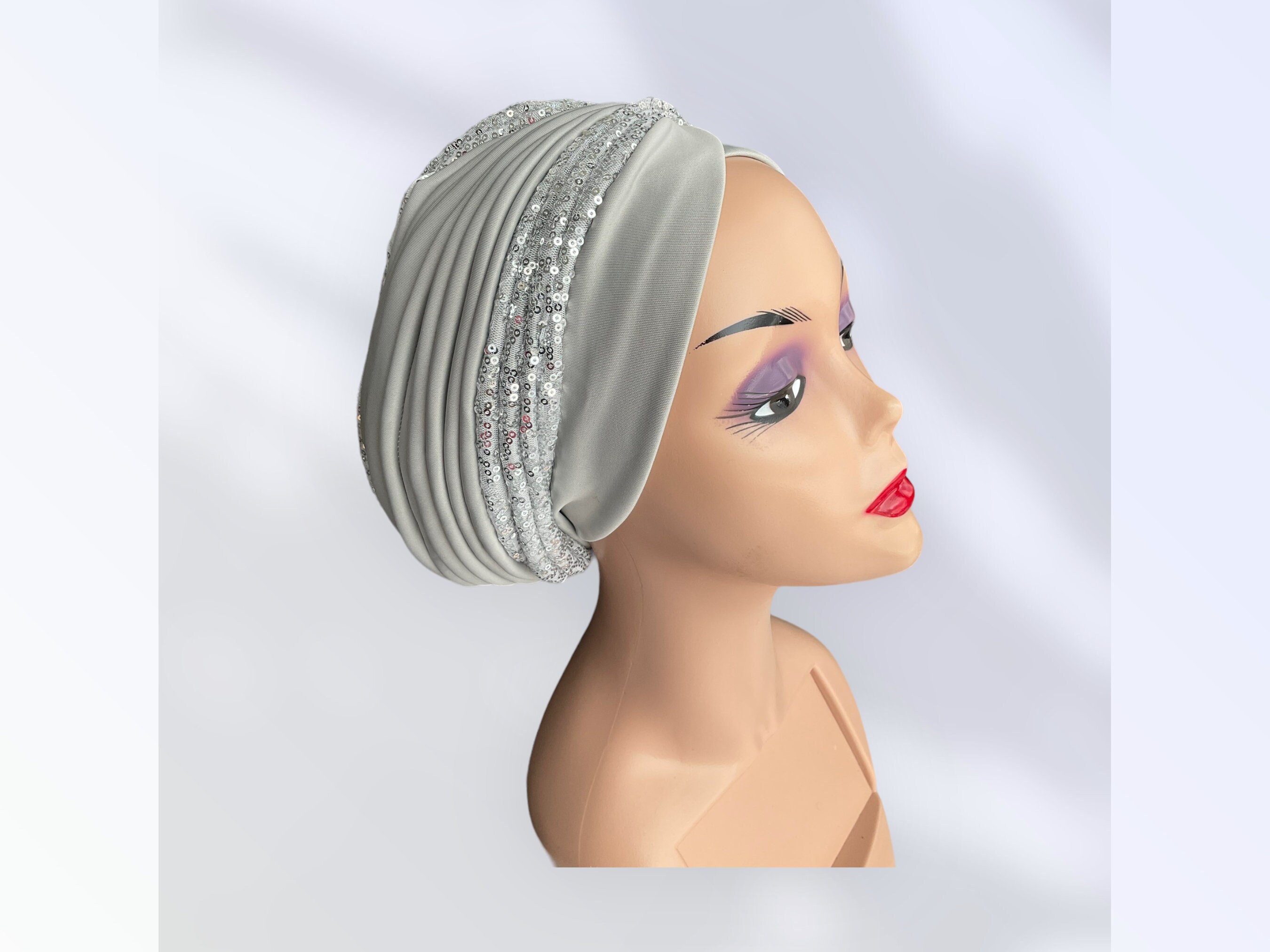 Sequin Turban Hat: Silver Party Headwear, Pre-styled Auto  display picture 1