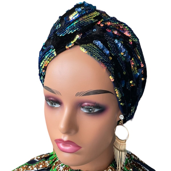 Chapeau turban pour femme | Chapeaux de chimio | Foulard réversible à sequins | Turban pour mariage | Cadeau de chimio pour elle