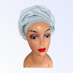 Auto Gele Ready to Wear, Light Blue Dupion Raw Silk Ruffles Style Head Tie, Nigeria Pre Styled Head Wrap, Pre tied Turban for Wedding Party,