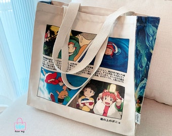 Handmade organic cotton canvas shoulder bag with kawaii cartoon style