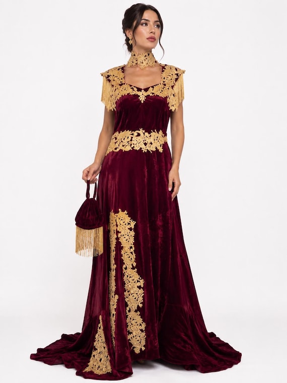 burgundy and gold lace dress Velvet Yemeni With Embroidery | Traditional Arabic Evening Gown | Luxury Middle Eastern Wedding Dress | Elegant Heritage Afina blends modern allure