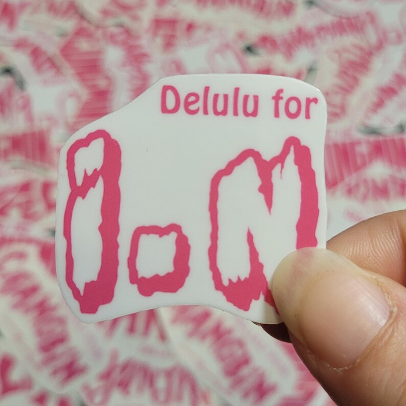 May include: A white sticker with pink lettering that says "Delulu for 0.N".