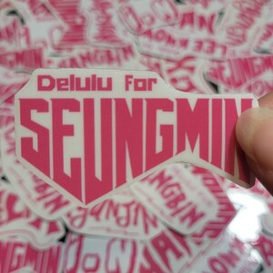 May include: Pink and white sticker with the text "Delulu For SEUNGMIN" in a bold, stylized font.