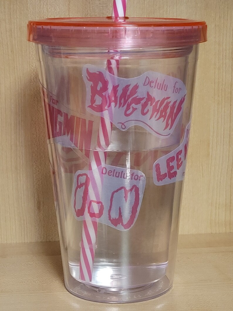 May include: Clear plastic tumbler with a pink lid and a pink and white striped straw. The tumbler has pink vinyl stickers with the text "Delulu for Bang Chan", "Delulu for I.N", and "Lee Know".