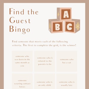 Baby Shower Find The Guest Bingo Game, Ice Breaker Game, Downloadable Print