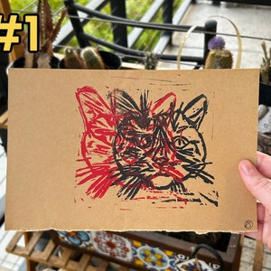 Cat Double Color Red/Black Linocut Print
