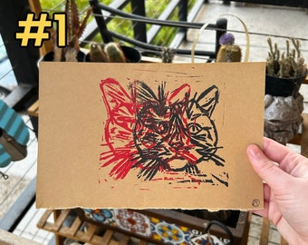 Cat Double Color Red/Black Linocut Print