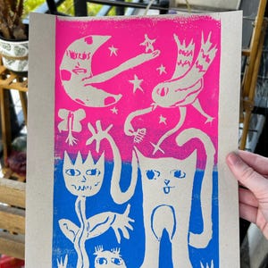 Night Friends Folk Art Linocut Block Print