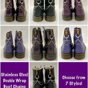 May include: Seven styles of stainless steel double wrap boot chains. The chains are shown on a pair of black, purple, and blue boots. The chains are silver and have a double wrap design. The boots are all Dr. Martens.